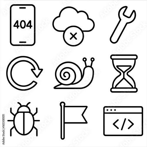 Outline Style Tech Icons. Outline style icons of Mobile Design: error 404 page, server down cloud, maintenance wrench, retry arrow