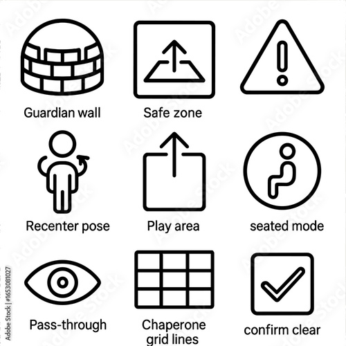 Mixed Reality Icons. Outline style icons of Mixed Reality: guardian boundary wall, safe zone floor, breach warning triangle,