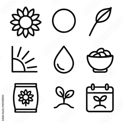 Minimalist Sunflower Icons. Outline style icons of Minimalist Sunflower: layered petal fan, solid seed disk, diagonal stem slash,