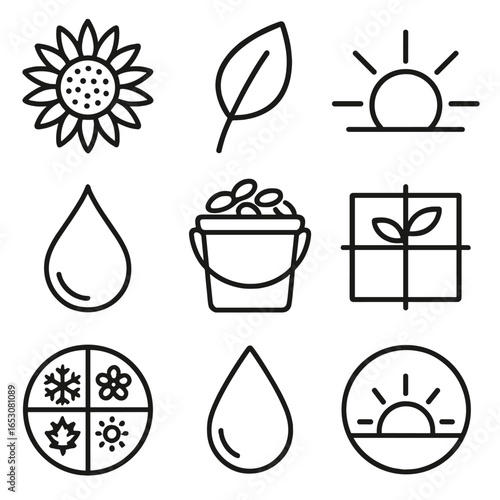 Minimalist Sunflower Icons. Outline style icons of Minimalist Sunflower: starburst petal, shaded seed center, taper stem, single