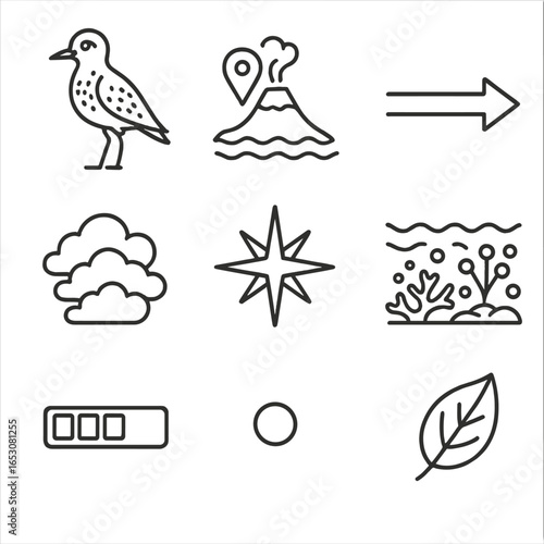 Migratory Bird Icons. Outline style icons of Migratory Birds: Pacific golden plover, volcanic island point, jet stream arrow, high