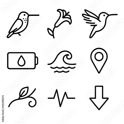 Migratory Bird Icons. Outline style icons of Migratory Birds: ruby-throated hummingbird sprite, nectar flower tube, hover wings