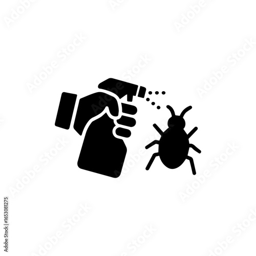 Glove holding a spray bottle aimed at an insect silhouette