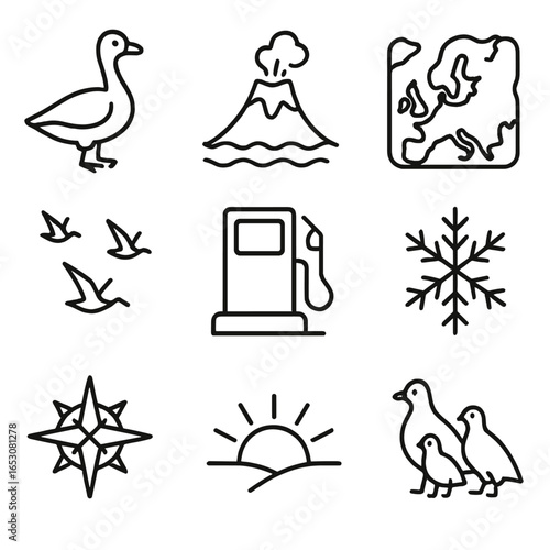 Migratory Birds Icons. Outline style icons of Migratory Birds: pink-footed goose, volcanic island stop, north Atlantic map, V