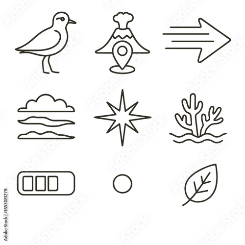 Migratory Bird Icons. Outline style icons of Migratory Birds: Pacific golden plover, volcanic island point, jet stream arrow, high
