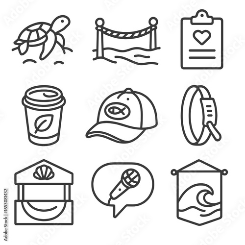 Migration Festival Icons. Outline style icons of Migration Festival: turtle hatchling release, shoreline rope barrier, volunteer