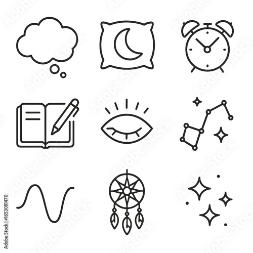 Sleep Symbols Icons. Outline style icons of Memory: dream cloud bubble, moon pillow icon, alarm clock ring, night diary pen, REM