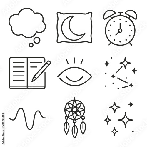 Sleep Symbols Icons. Outline style icons of Memory: dream cloud bubble, moon pillow icon, alarm clock ring, night diary pen, REM