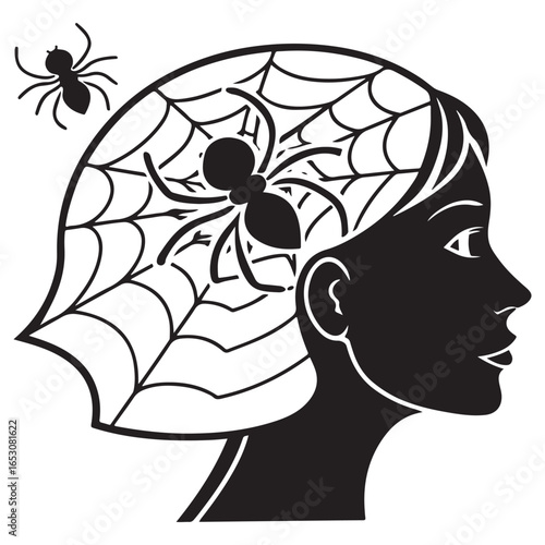 Silhouette of a person s head with a spider and web inside representing intrusive thoughts or mental obsession
