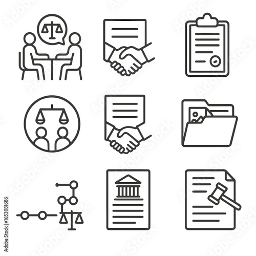 Legal Process Icons. Line style icons of legal process and dispute resolution: legal mediation table, arbitration agreement icon,