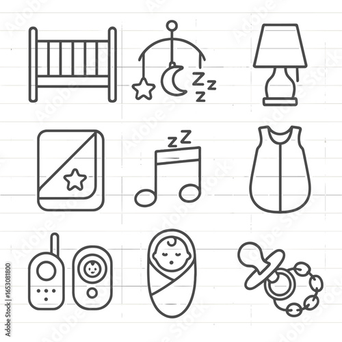 Sleep Baby Icons. Line style icons of sleep and comfort: baby crib, mobile, nightlight, baby blanket, lullaby music, sleep sack,