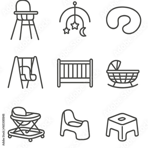 Line Style Baby Icons. Line style icons of baby gear and furniture: high chair, crib mobile, nursing pillow, baby swing, playpen,