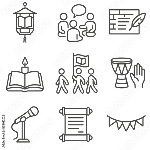 Cultural Festival Icons. Line style icons of cultural festivals with literature: book lantern, storytelling circle, poetry wall,
