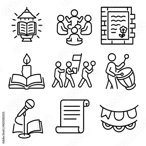 Cultural Festival Icons. Line style icons of cultural festivals with literature: book lantern, storytelling circle, poetry wall,