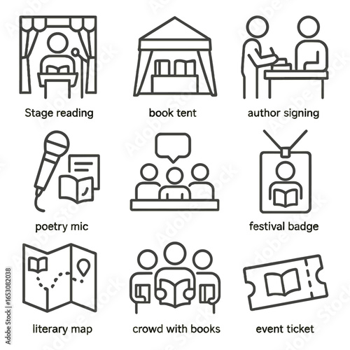 Literary Festival Icons. Line style icons of literary festivals: stage reading, book tent, author signing, poetry mic, panel
