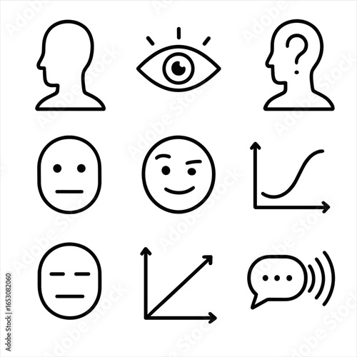 Narrative Icons Collection. Line style icons of narrative voice and tone: first-person head, omniscient eye, unreliable narrator,