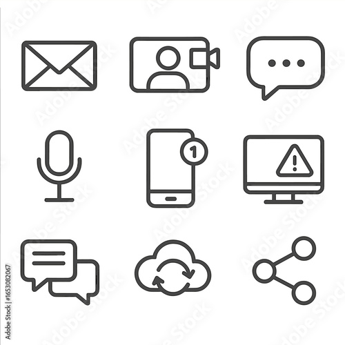 Digital Communication Icons. Line style icons of digital communication modes: email icon, video call, chat bubble, voice message,