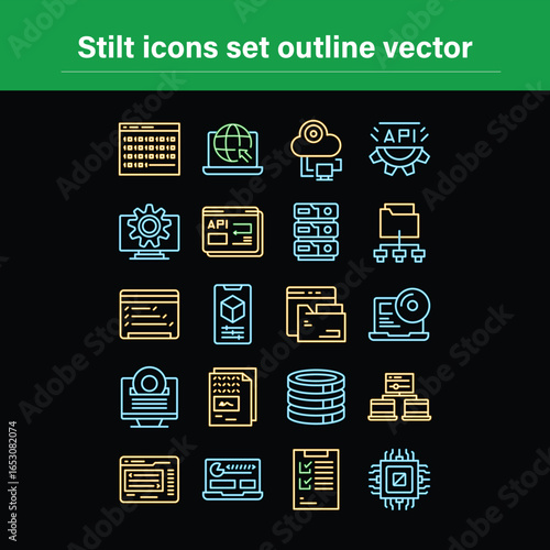 Modern outline icon set featuring stilted architecture and buildings with neon accents