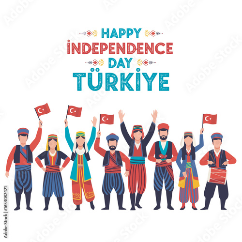 Illustration celebrating Turkish Independence Day, featuring people in traditional attire with flags.
