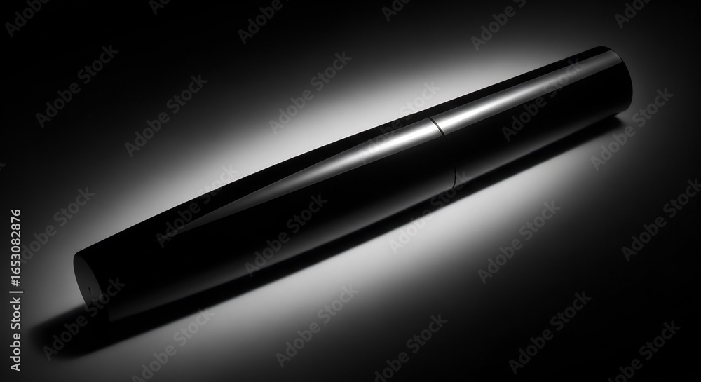 Sleek black mascara tube with a brush applicator, presented in dramatic studio lighting with a spotlight effect Sleek black mascara tube with a brush applicator, presented in dramatic studio lighting with a spotlight effect