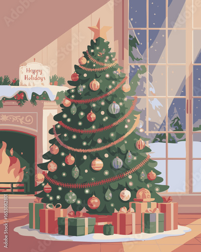 a fully decorated
 Christmas tree centered on a snow-covered fireplace mantel