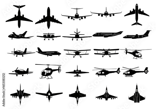 An Extensive Collection of Silhouetted Aircraft Featuring Various Aviation Designs and Categories for Diverse Applications
