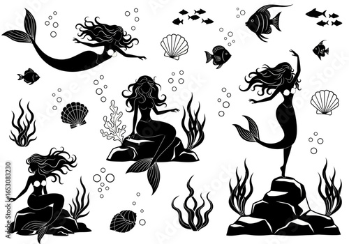 Enchanting Silhouettes of Mermaids and Underwater Life Capturing the Mystical Aura of the Ocean Realm