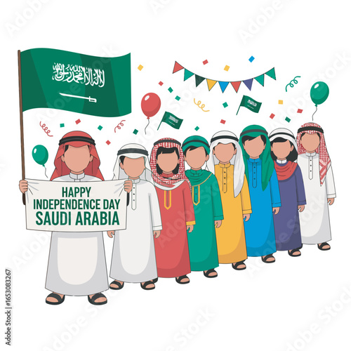 A group of children in traditional Saudi attire celebrate Saudi Arabia's Independence Day with flags, balloons, and a banner.
