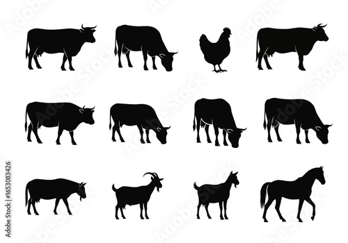 A collection of silhouette images showcasing a variety of farm animals including cows horses and chickens illustrating agricultural diversity and livestock farming practices