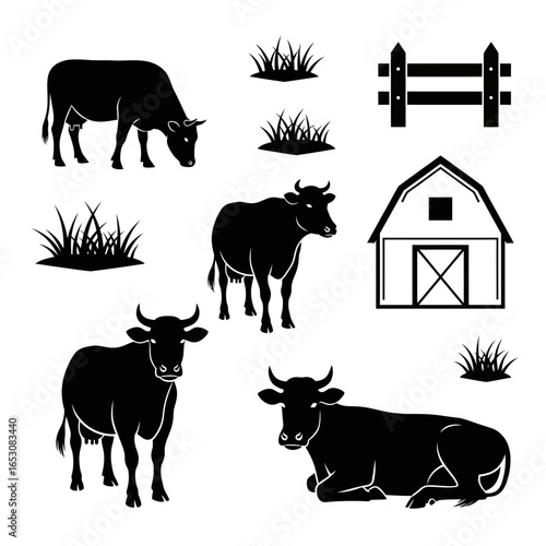 Farm Animals Silhouette Collection Featuring Cows Grass and Barn Elements for Rural Life Themed Designs