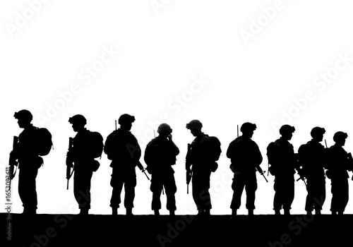 A solemn line of military personnel stands silhouetted against a bright white background showcasing their uniform and equipment during a ceremonial gathering