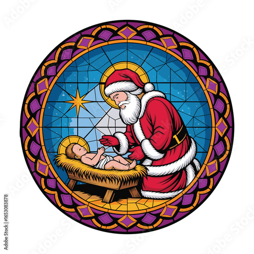 Santa Kneeling Beside Baby Jesus in Manger vector illustrator