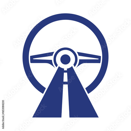 Blue steering wheel with road leading into center on white background vehicle driving