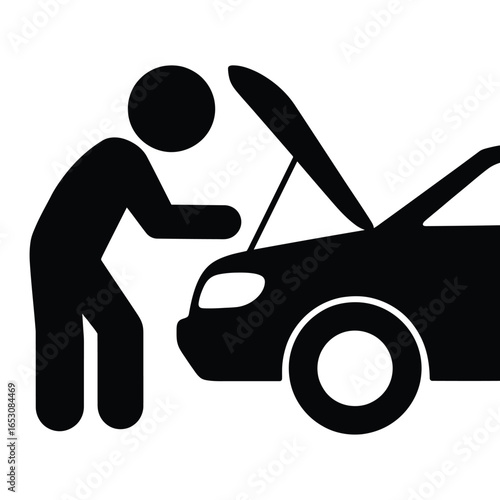 Car repair icon with mechanic looking under the hood of vehicle