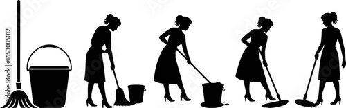 Housekeeping Woman Cleaning Silhouette Icon Set