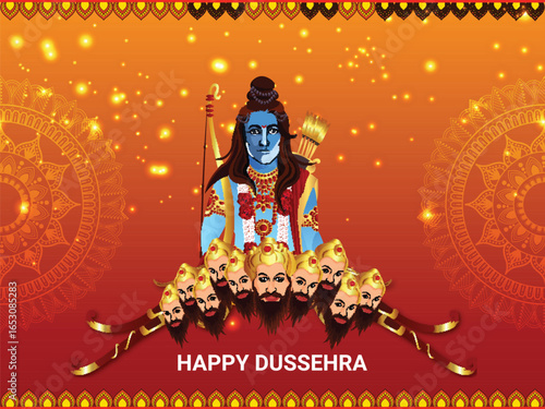 Happy dussehra celebration card lord rama killed ravana