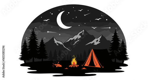 Experience the tranquility of a starlit night camping adventure amidst majestic mountains with a crackling campfire under a crescent moon and a sky full of shooting stars