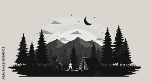 Serene Mountainous Landscape with a Cozy Campsite Under a Crescent Moon and Starry Sky