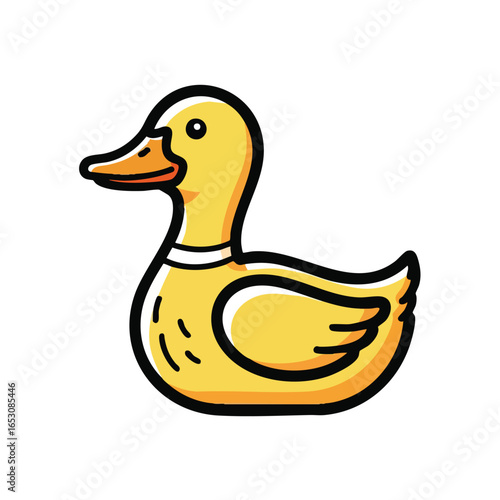 A charming cartoon illustration of a classic yellow rubber duck with an orange beak, isolated on a white background.