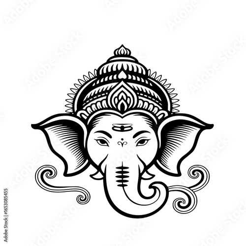 Black and White Vector Illustration of Lord Ganesha - Hindu God of New Beginnings