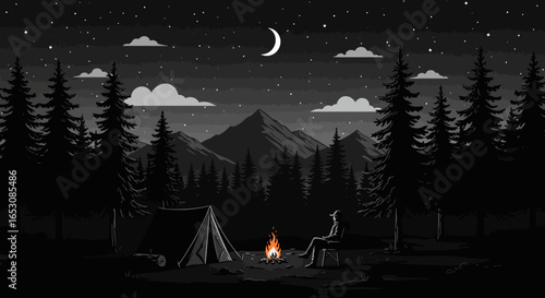 Experience the stillness of a starlit night camping under the moonlit sky in a pine forest, a peaceful escape into nature's beauty with cozy tent and crackling campfire