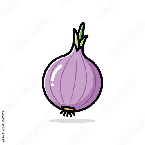 A simple cartoon illustration of a whole purple red onion with green shoots and roots, isolated on a white background.