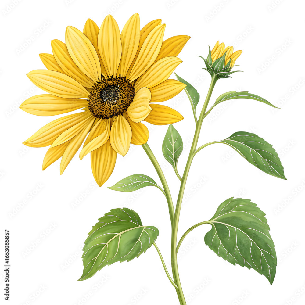 Obraz premium Vibrant yellow sunflower with bud and leaves isolated on a transparent background bloom green png file 