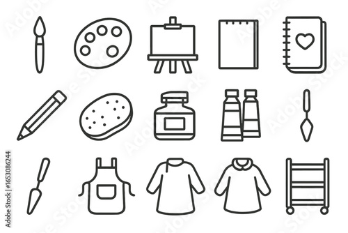 Art Studio Essentials. Line style icons of art studio tools: paintbrush icon, palette with colors, canvas on easel, sketchpad icon