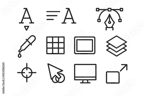 Graphic Design Icons. Line style icons of graphic design tools: font selector icon, alignment tools, typography icon, pen tool