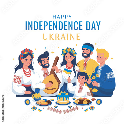 A group of Ukrainians celebrating Independence Day with traditional clothing, food, and music.