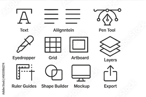 Graphic Design Icons. Line style icons of graphic design tools: font selector icon, alignment tools, typography icon, pen tool