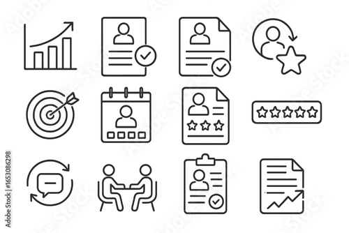 Performance Management Icons. Line style icons of performance management: KPI chart icon, performance review, 360 feedback form,