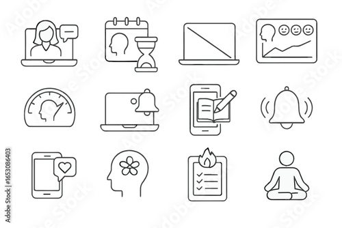 Remote Mental Health Icons. Line style icons of remote mental health care: teletherapy icon, mental break planner, screen break