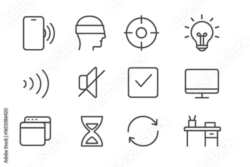 Focus Tool Icons. Line style icons of focus-enhancing tools: background noise app, distraction mask icon, focus booster, clarity